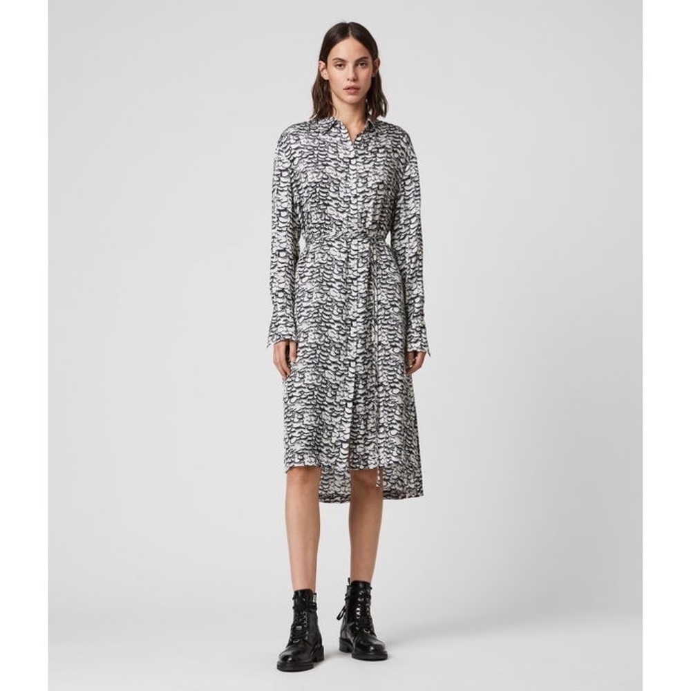 ALL SAINTS | Anya Plume Feather Print Shirtdress in Black and White | Size S